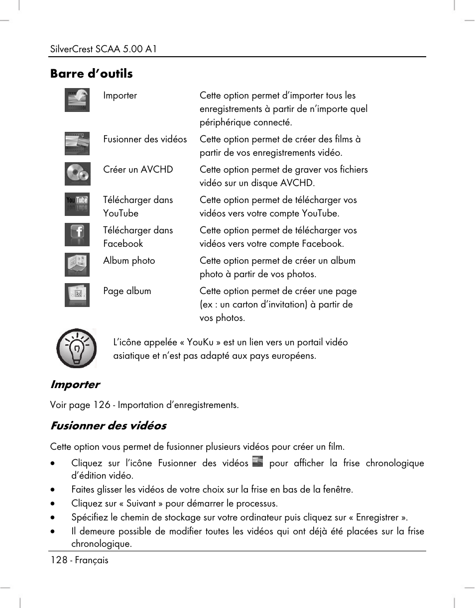 Barre d’outils, Importer, Fusionner des vidéos | Silvercrest SCAA 5.00 A1 User Manual | Page 130 / 294