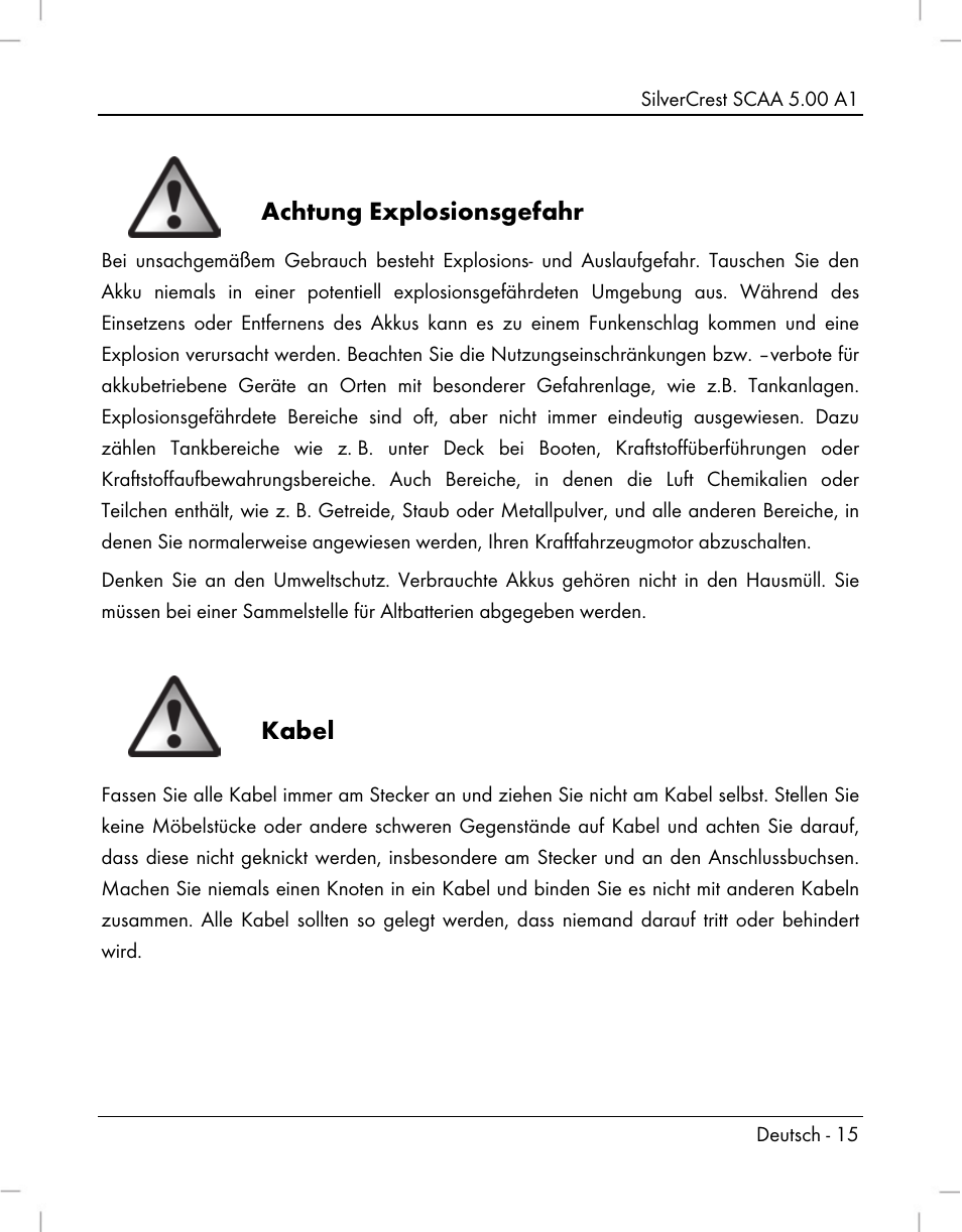 Achtung explosionsgefahr, Kabel | Silvercrest SCAA 5.00 A1 User Manual | Page 17 / 294