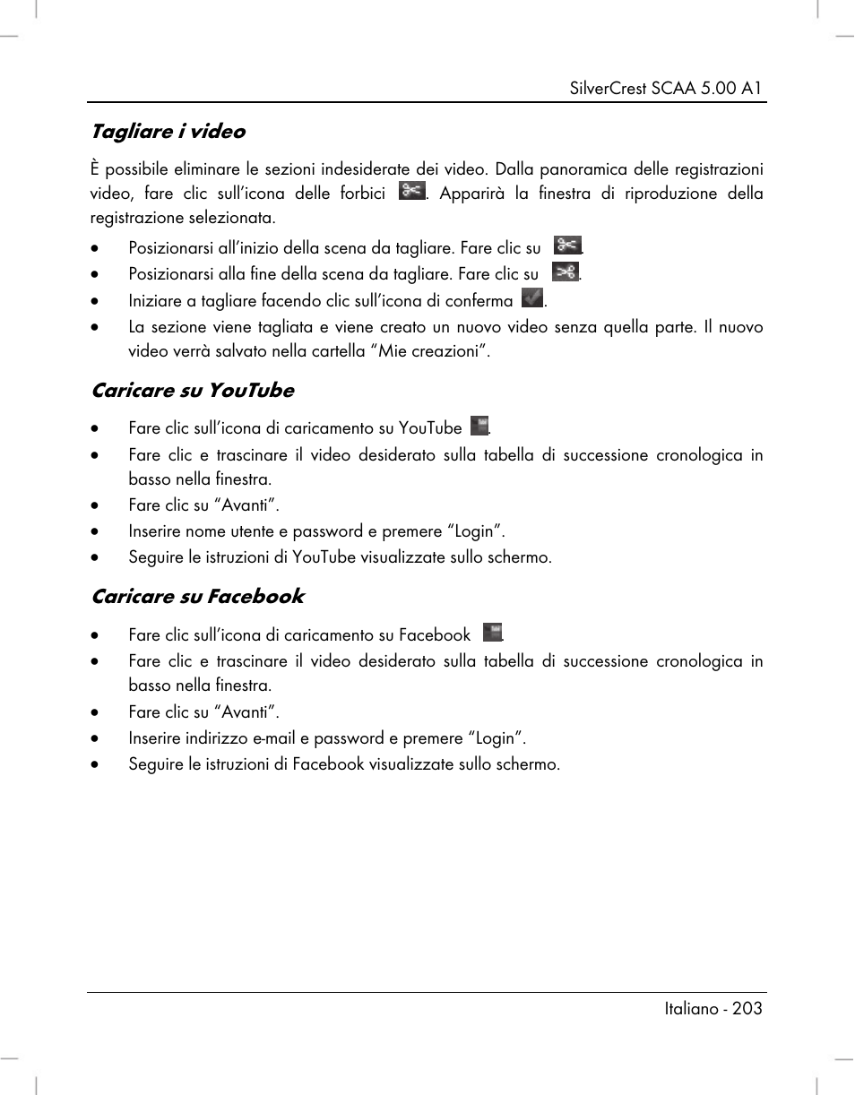 Tagliare i video, Caricare su youtube, Caricare su facebook | Silvercrest SCAA 5.00 A1 User Manual | Page 205 / 294