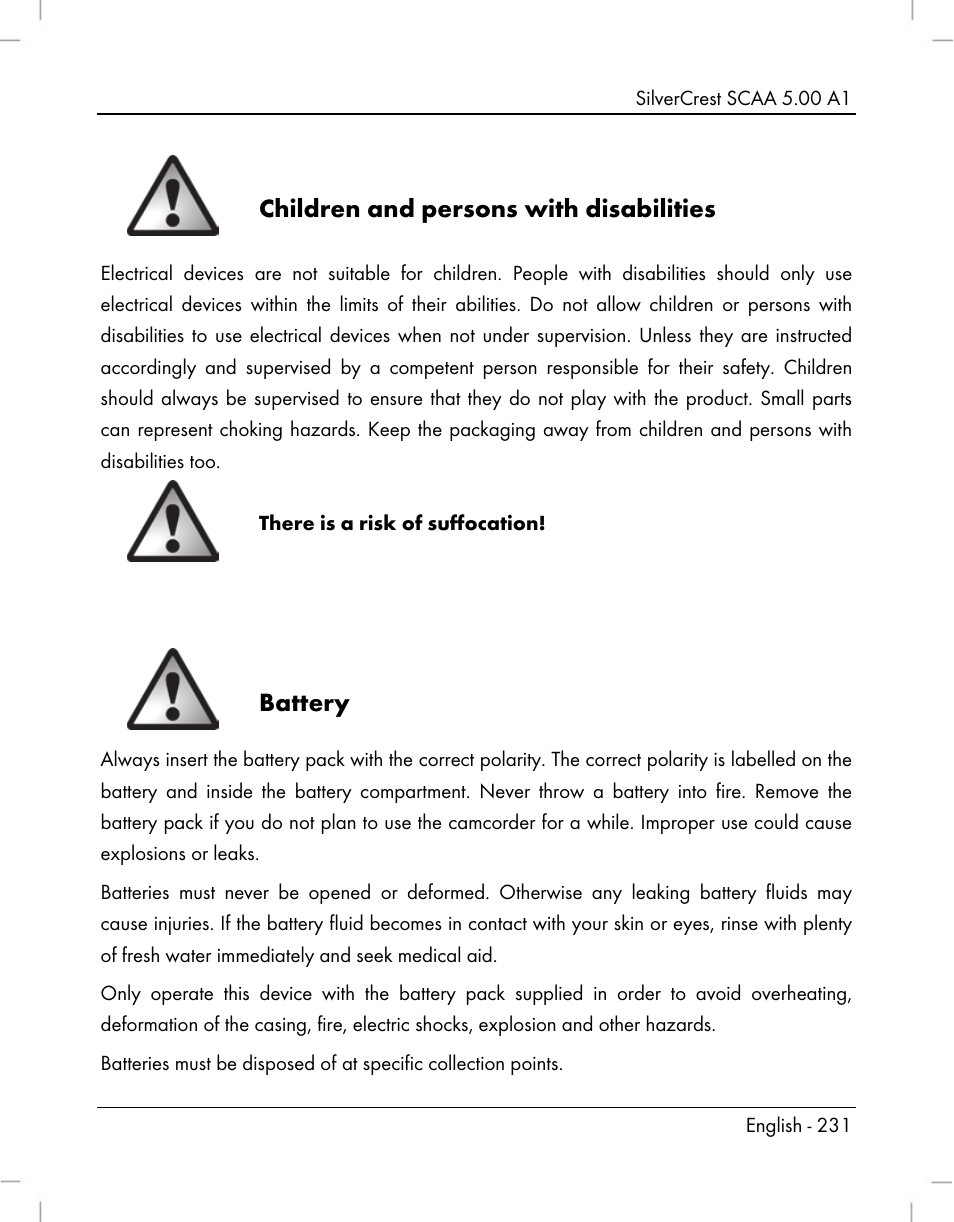 Children and persons with disabilities, Battery | Silvercrest SCAA 5.00 A1 User Manual | Page 233 / 294