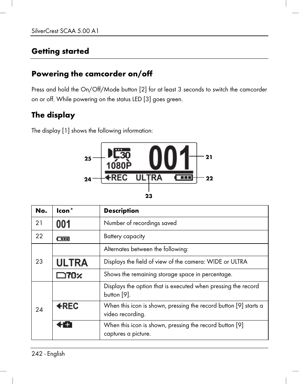 Getting started powering the camcorder on/off, The display | Silvercrest SCAA 5.00 A1 User Manual | Page 244 / 294
