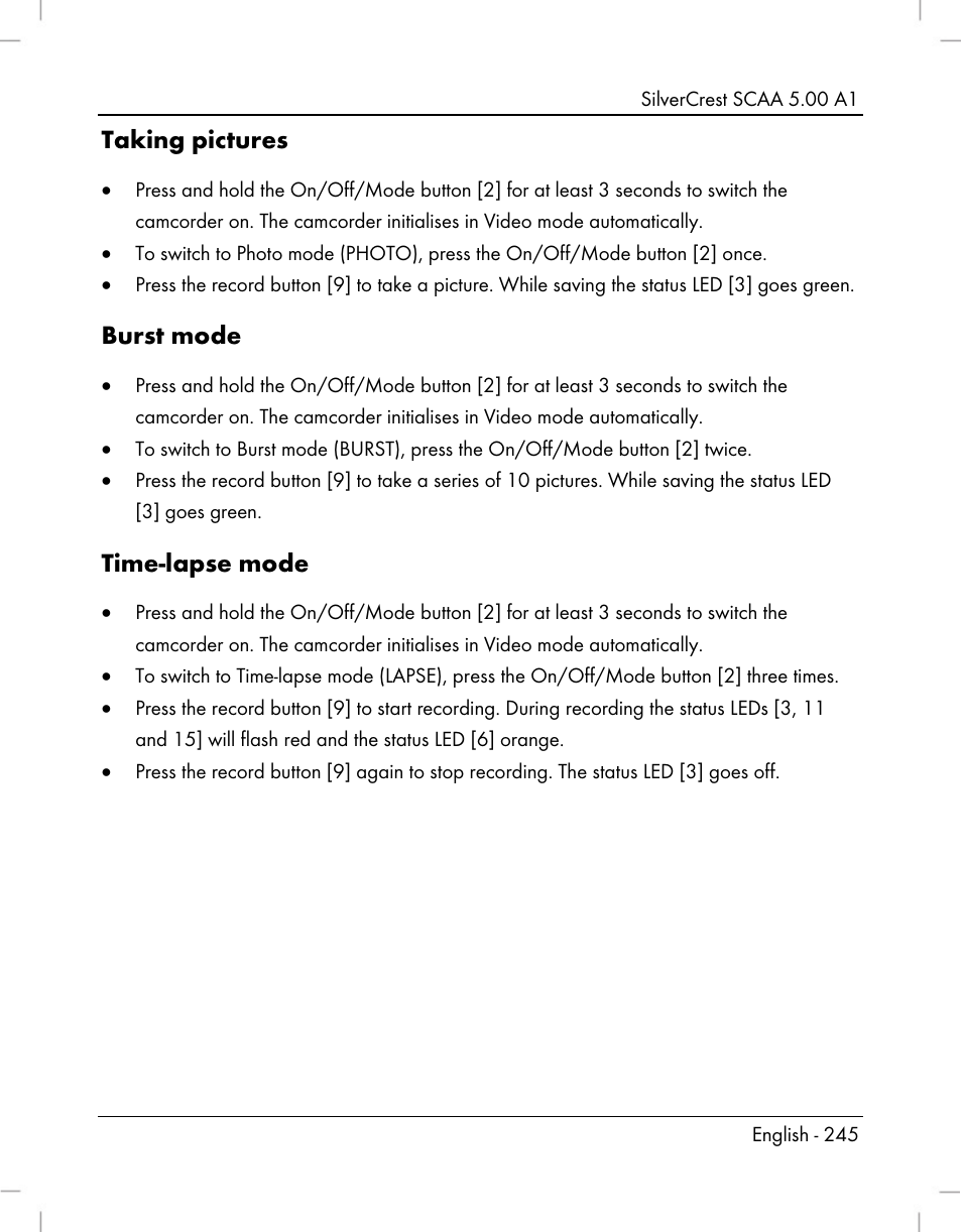 Taking pictures, Burst mode, Time-lapse mode | Silvercrest SCAA 5.00 A1 User Manual | Page 247 / 294
