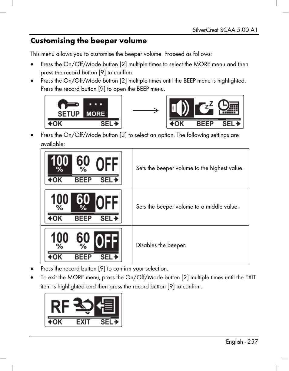 Customising the beeper volume | Silvercrest SCAA 5.00 A1 User Manual | Page 259 / 294