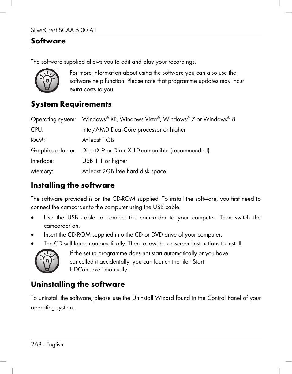 Software, System requirements, Installing the software | Uninstalling the software | Silvercrest SCAA 5.00 A1 User Manual | Page 270 / 294