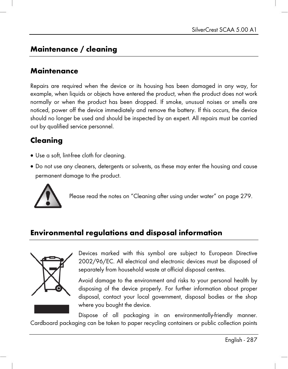 Maintenance / cleaning maintenance, Cleaning, Environmental regulations and disposal information | Silvercrest SCAA 5.00 A1 User Manual | Page 289 / 294