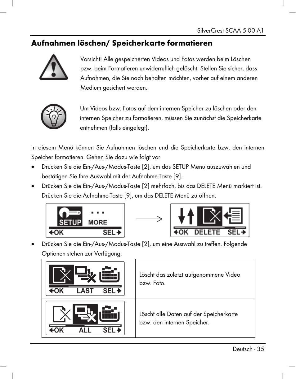 Aufnahmen löschen/ speicherkarte formatieren | Silvercrest SCAA 5.00 A1 User Manual | Page 37 / 294