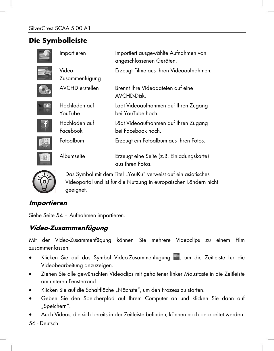 Die symbolleiste, Importieren, Video-zusammenfügung | Silvercrest SCAA 5.00 A1 User Manual | Page 58 / 294