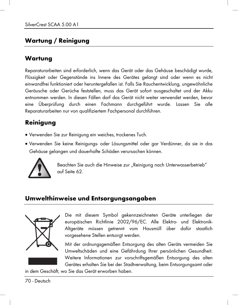 Wartung / reinigung wartung, Reinigung, Umwelthinweise und entsorgungsangaben | Silvercrest SCAA 5.00 A1 User Manual | Page 72 / 294