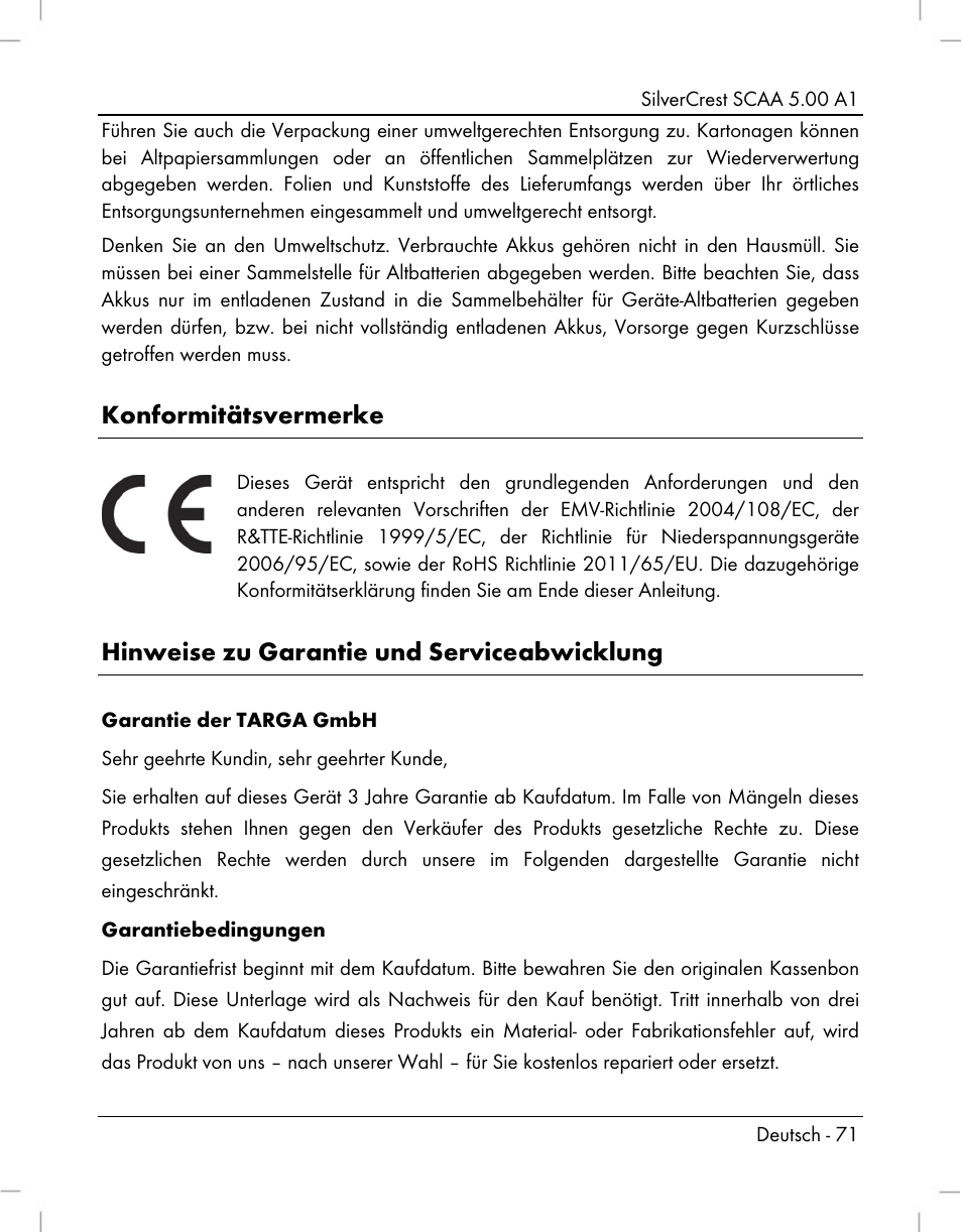 Konformitätsvermerke, Hinweise zu garantie und serviceabwicklung | Silvercrest SCAA 5.00 A1 User Manual | Page 73 / 294