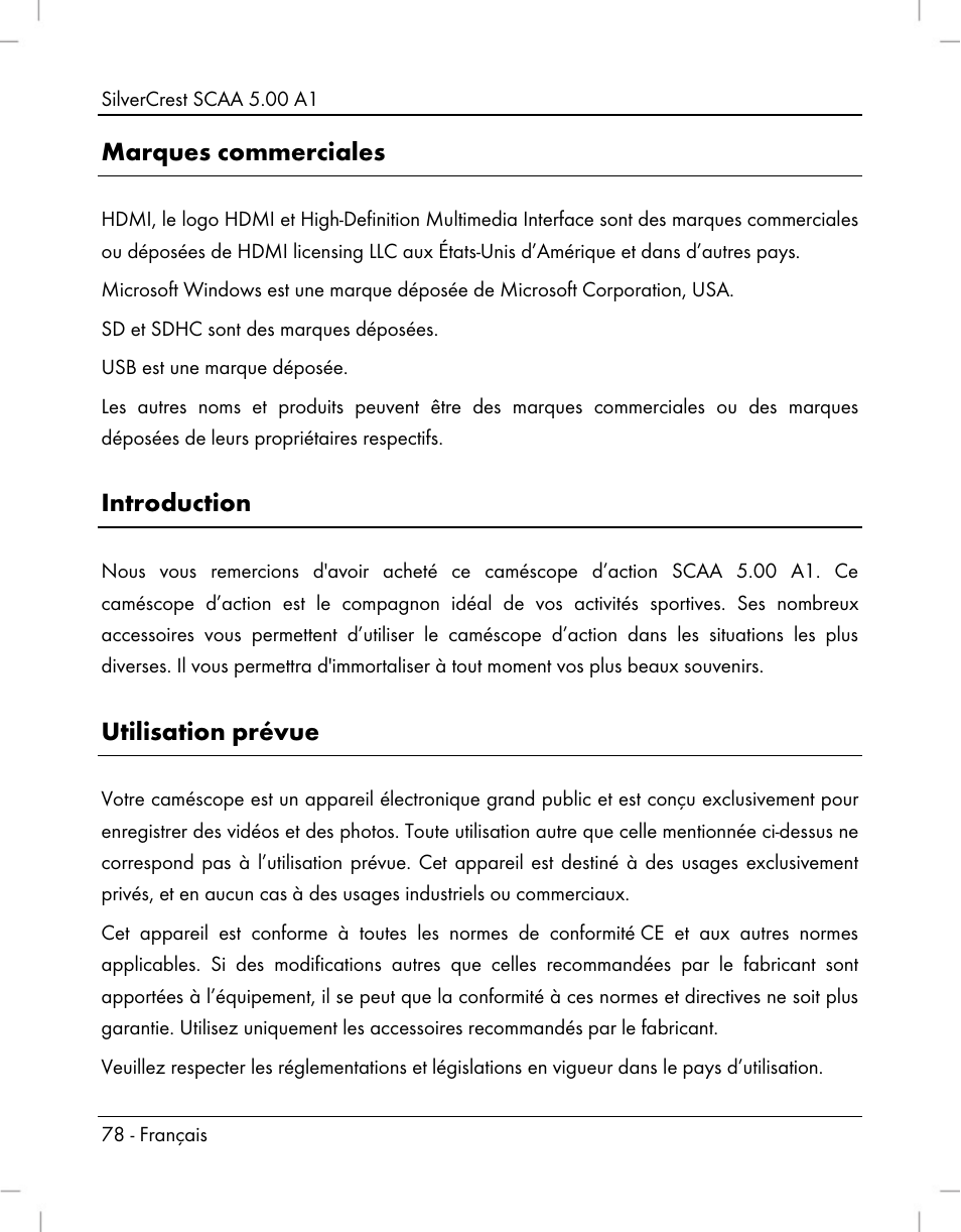 Marques commerciales, Introduction, Utilisation prévue | Silvercrest SCAA 5.00 A1 User Manual | Page 80 / 294