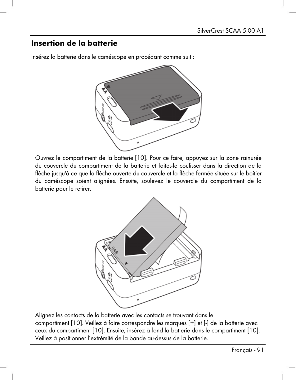 Insertion de la batterie | Silvercrest SCAA 5.00 A1 User Manual | Page 93 / 294