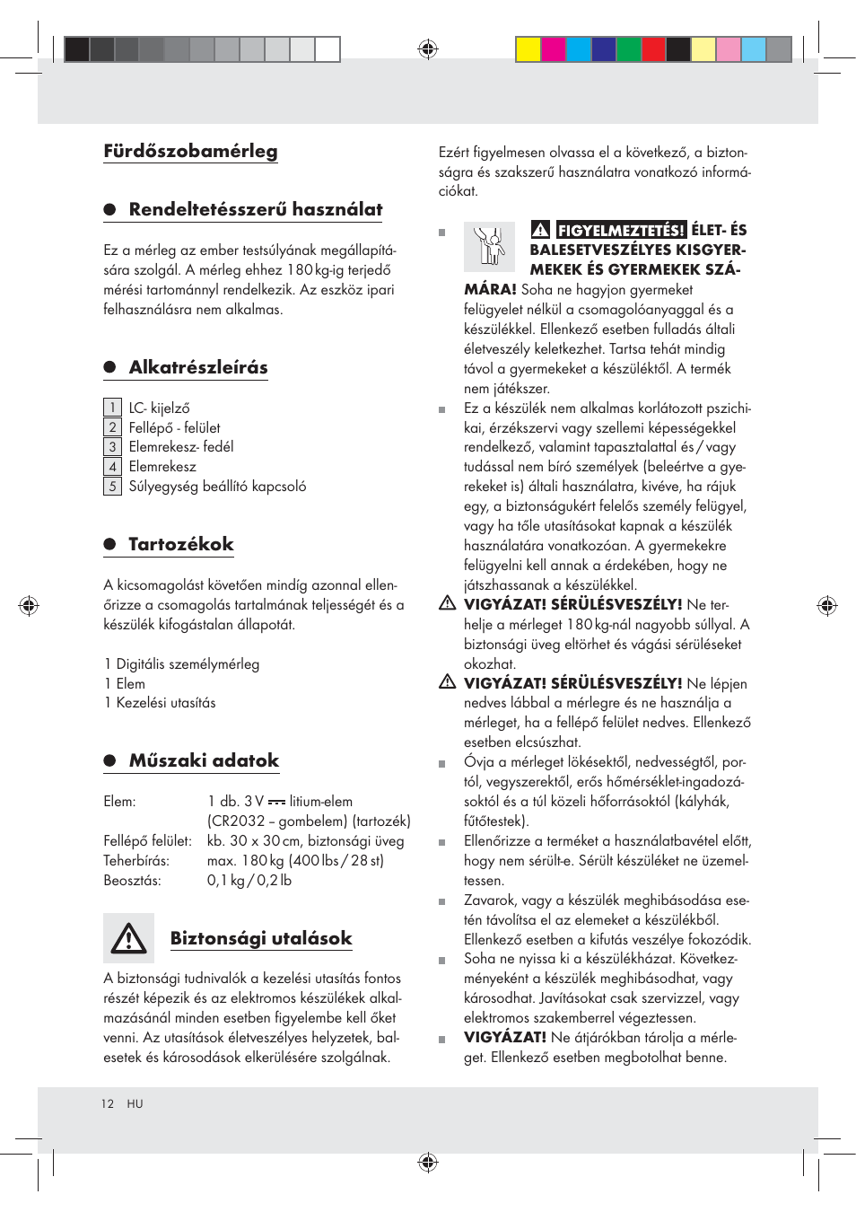 Fürdőszobamérleg rendeltetésszerű használat, Alkatrészleírás, Tartozékok | Műszaki adatok, Biztonsági utalások | Silvercrest Z29777A / Z29777B User Manual | Page 12 / 30