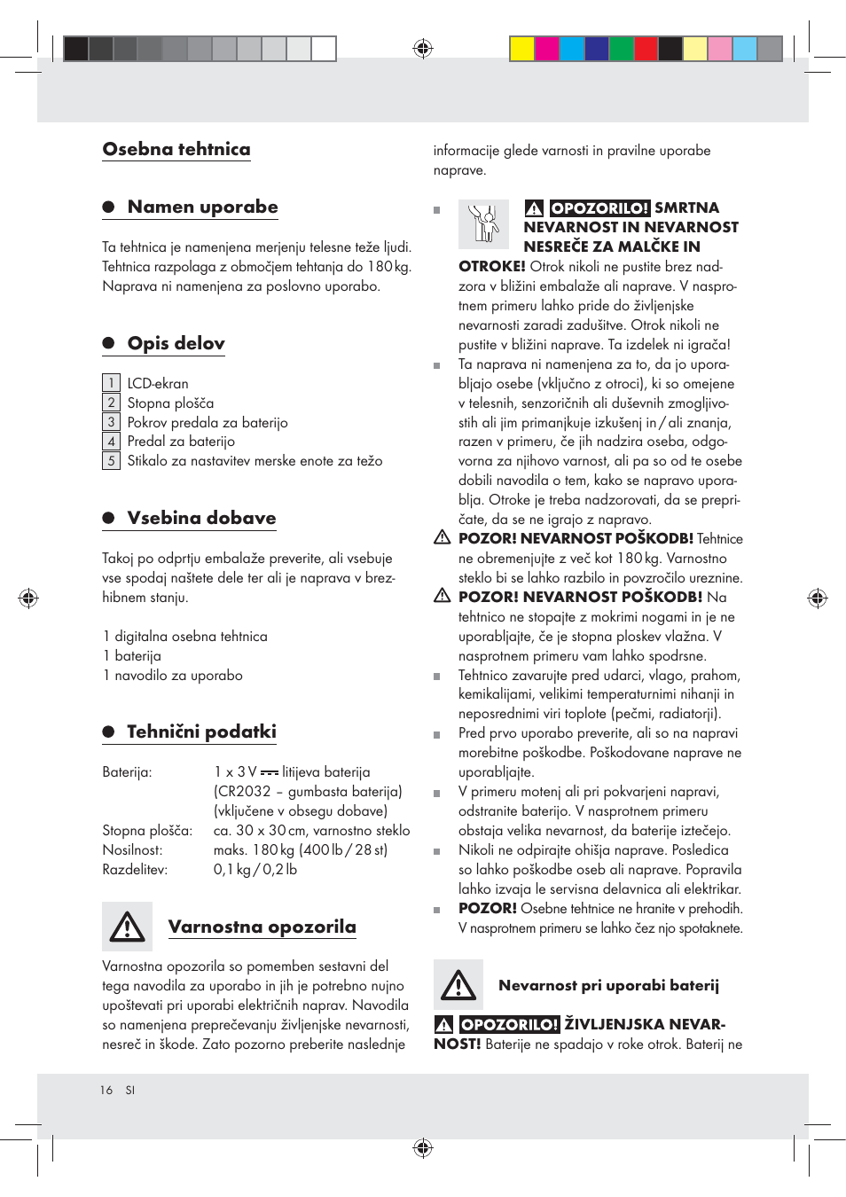 Osebna tehtnica namen uporabe, Opis delov, Vsebina dobave | Tehnični podatki, Varnostna opozorila | Silvercrest Z29777A / Z29777B User Manual | Page 16 / 30