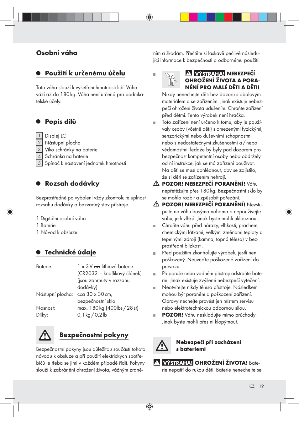 Osobní váha použití k určenému účelu, Popis dílů, Rozsah dodávky | Technické údaje, Bezpečnostní pokyny | Silvercrest Z29777A / Z29777B User Manual | Page 19 / 30