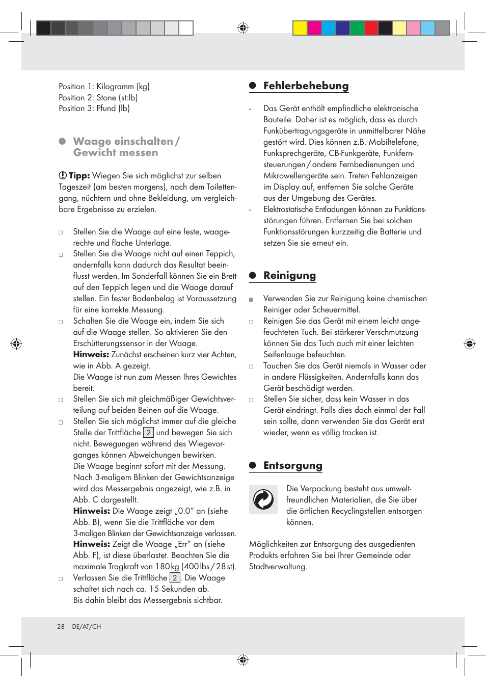 Waage einschalten / gewicht messen, Fehlerbehebung, Reinigung | Entsorgung | Silvercrest Z29777A / Z29777B User Manual | Page 28 / 30