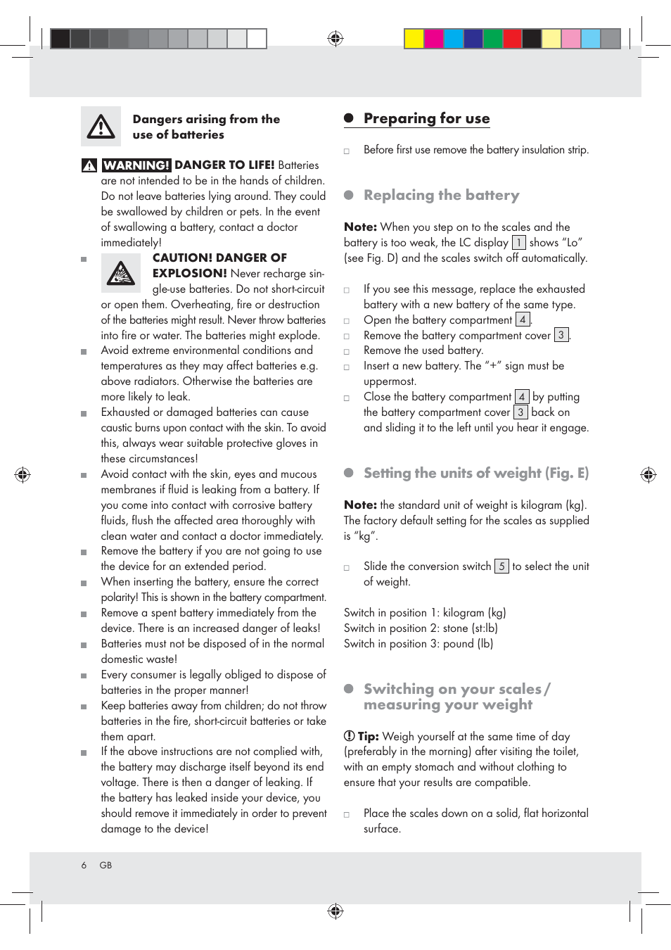 Preparing for use, Replacing the battery, Setting the units of weight (fig. e) | Switching on your scales / measuring your weight | Silvercrest Z29777A / Z29777B User Manual | Page 6 / 30