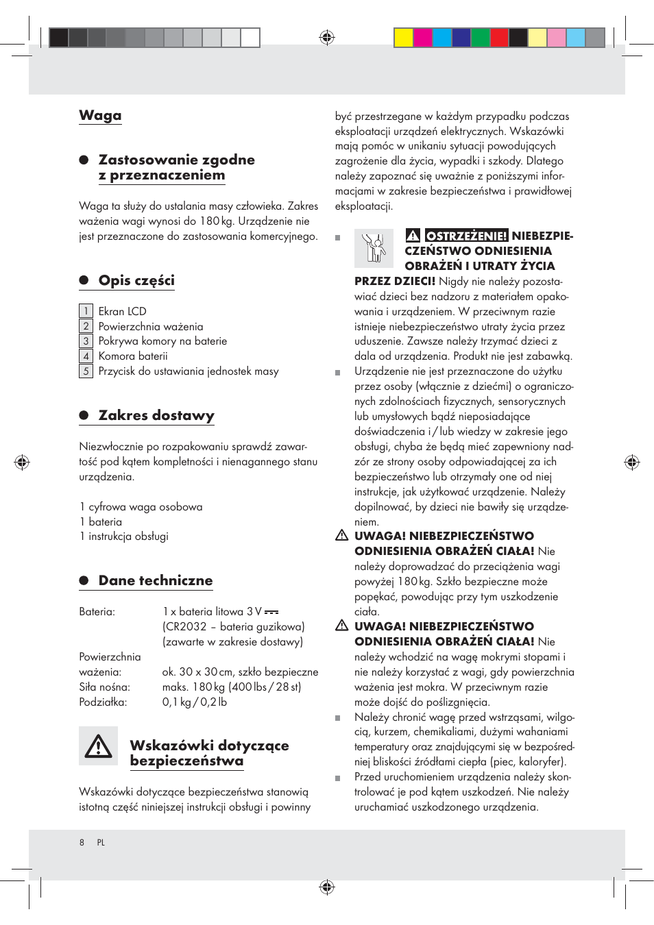 Waga zastosowanie zgodne z przeznaczeniem, Opis części, Zakres dostawy | Dane techniczne, Wskazówki dotyczące bezpieczeństwa | Silvercrest Z29777A / Z29777B User Manual | Page 8 / 30