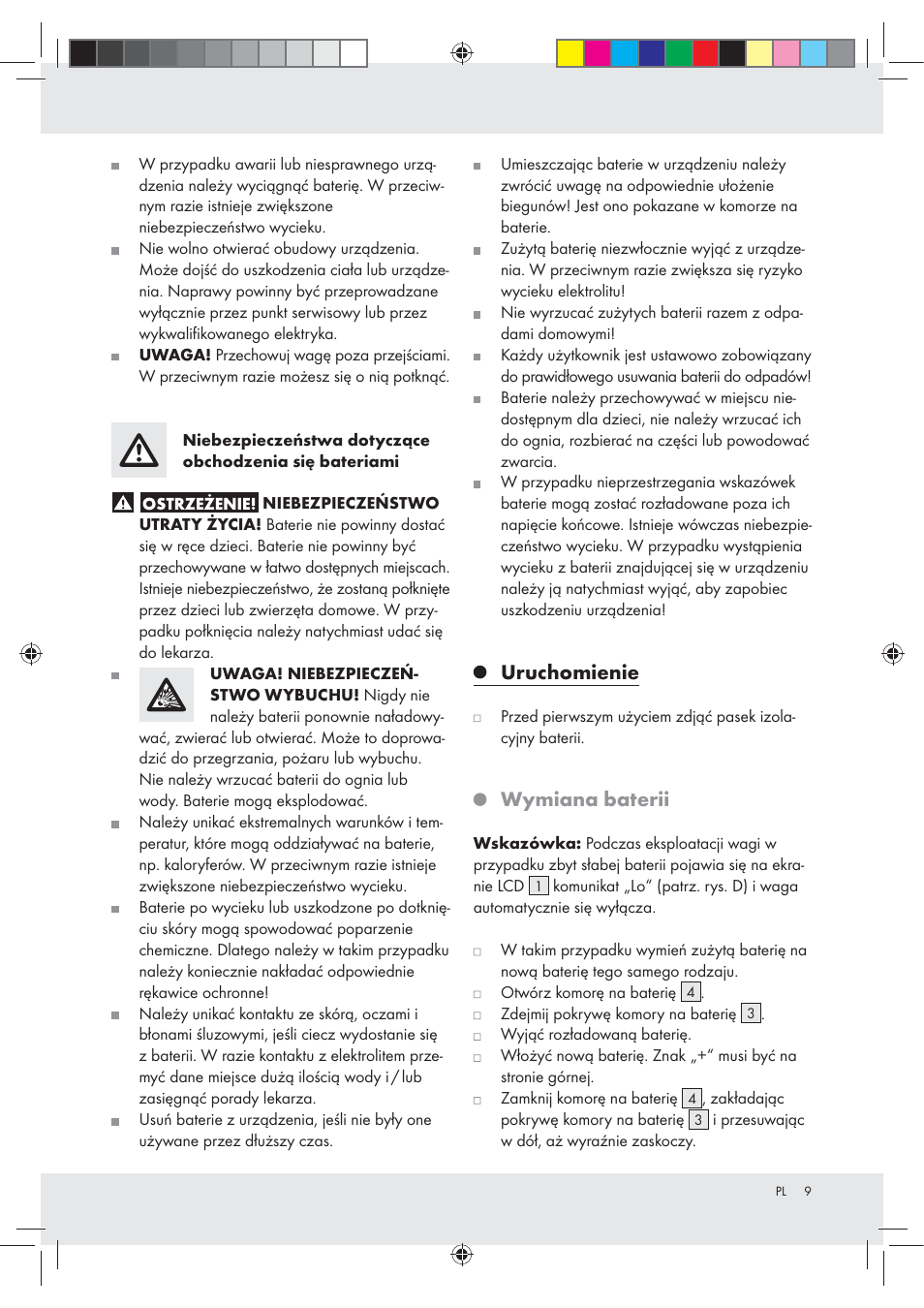 Uruchomienie, Wymiana baterii | Silvercrest Z29777A / Z29777B User Manual | Page 9 / 30