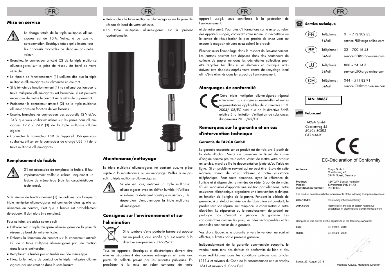 Mise en service, Maintenance/nettoyage, Consignes sur l'environnement et sur l'élimination | Marquages de conformité | Silvercrest SVK 31 A1 User Manual | Page 4 / 8