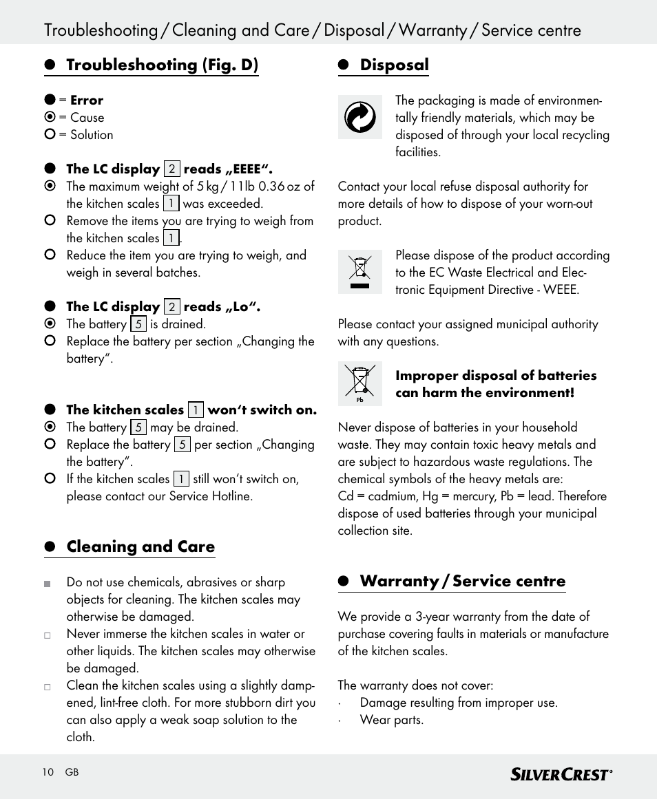 Troubleshooting (fig. d), Cleaning and care, Disposal | Warranty / service centre | Silvercrest SKWD A1 User Manual | Page 10 / 62