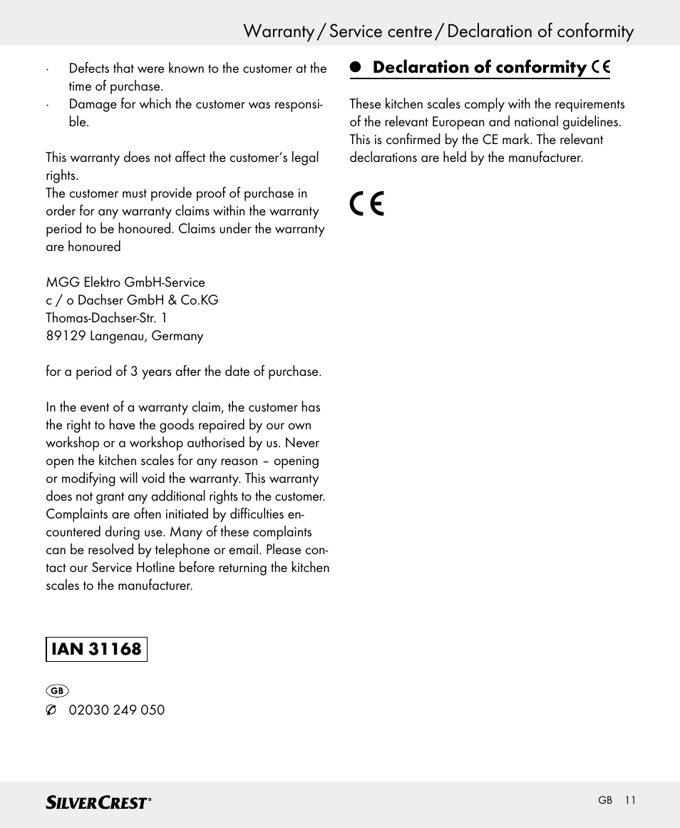 Declaration of conformity | Silvercrest SKWD A1 User Manual | Page 11 / 62