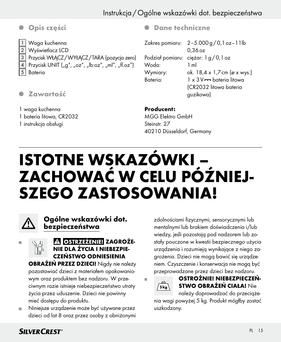Instrukcja / ogólne wskazówki dot. bezpieczeństwa | Silvercrest SKWD A1 User Manual | Page 15 / 62