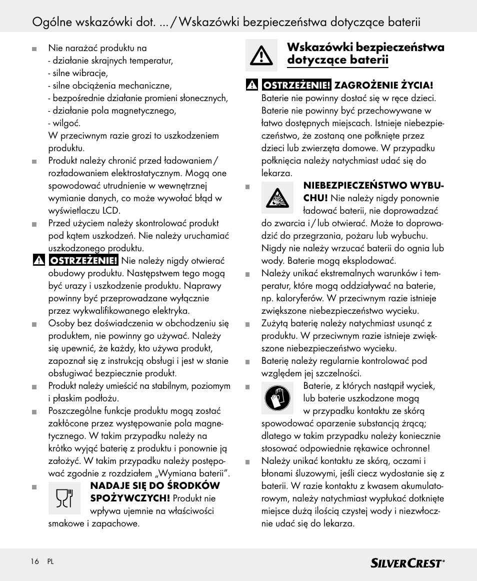 Wskazówki bezpieczeństwa dotyczące baterii | Silvercrest SKWD A1 User Manual | Page 16 / 62