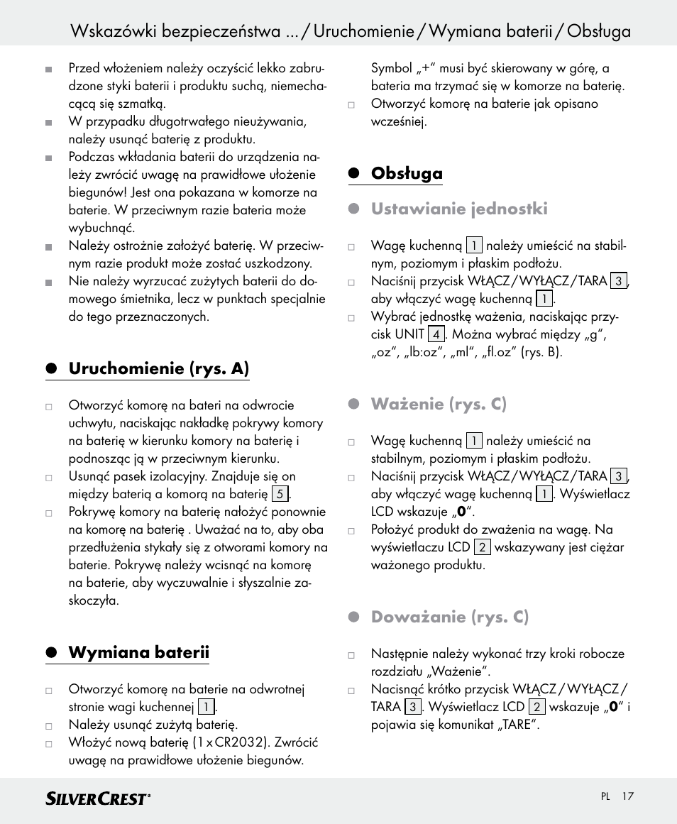 Uruchomienie (rys. a), Wymiana baterii, Obsługa ustawianie jednostki | Ważenie (rys. c), Doważanie (rys. c) | Silvercrest SKWD A1 User Manual | Page 17 / 62