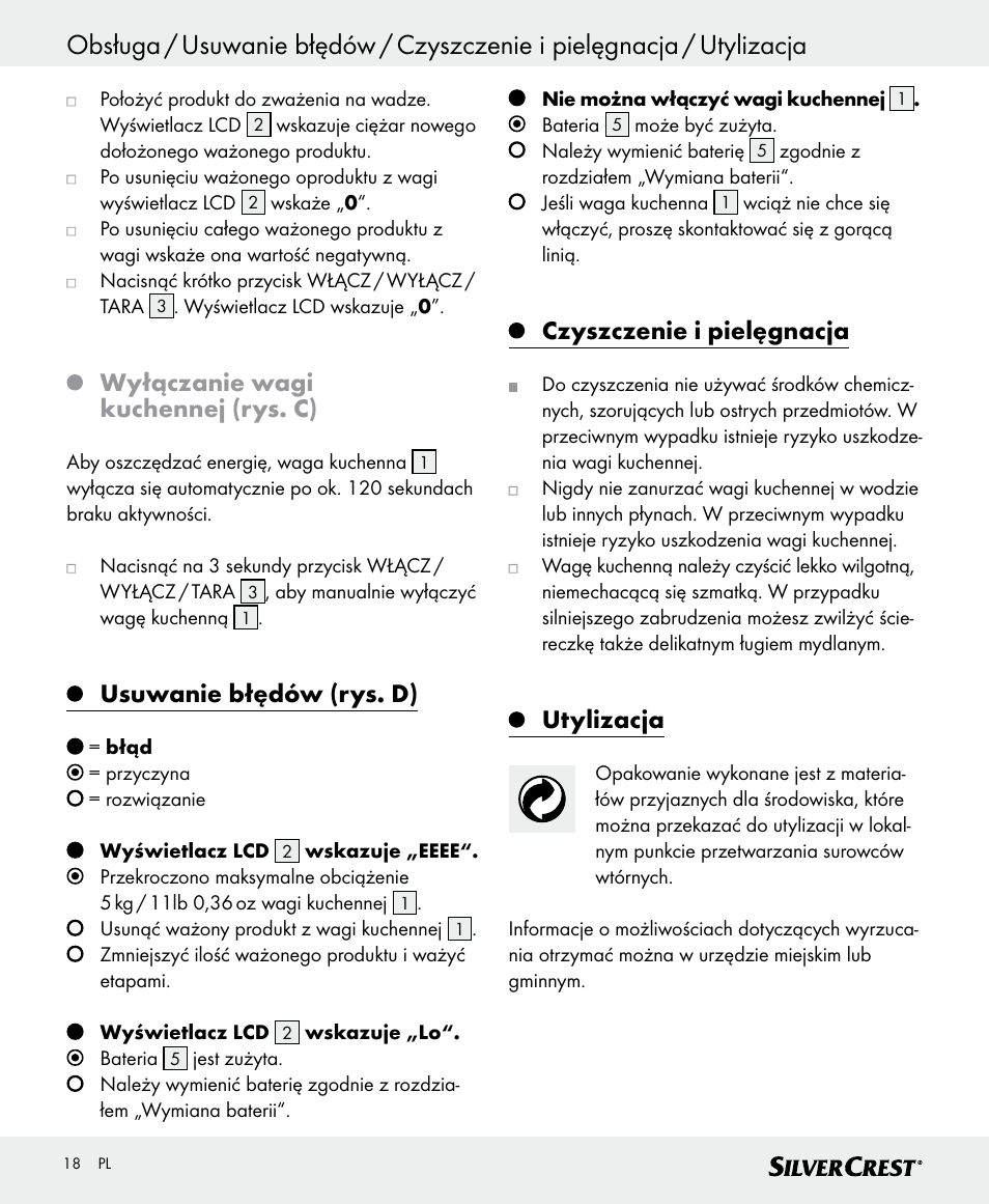 Wyłączanie wagi kuchennej (rys. c), Usuwanie błędów (rys. d), Czyszczenie i pielęgnacja | Utylizacja | Silvercrest SKWD A1 User Manual | Page 18 / 62