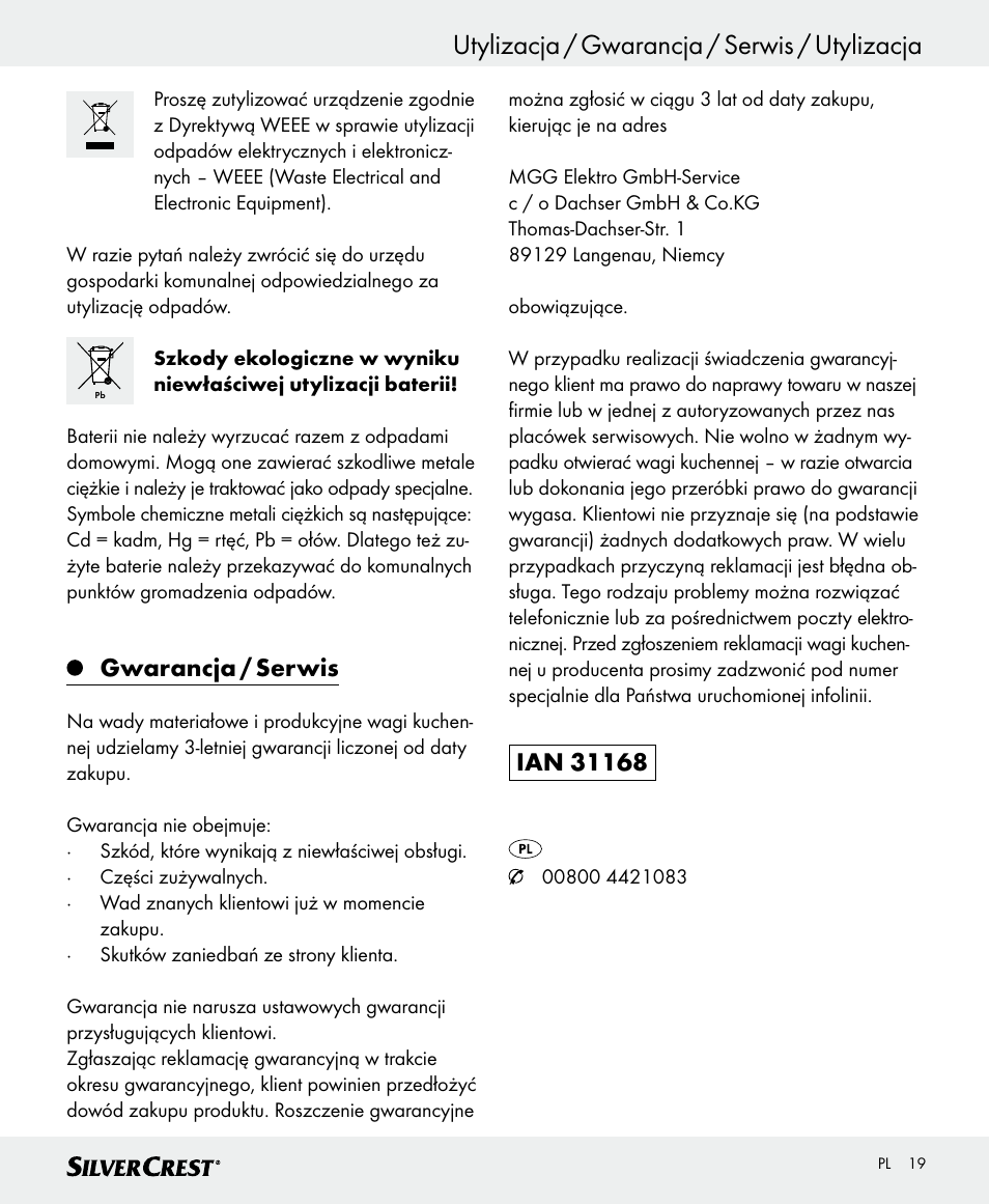 Utylizacja / gwarancja / serwis / utylizacja, Gwarancja / serwis | Silvercrest SKWD A1 User Manual | Page 19 / 62