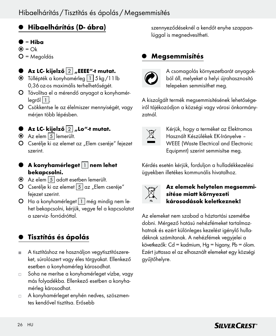 Hibaelhárítás (d- ábra), Tisztítás és ápolás, Megsemmisítés | Silvercrest SKWD A1 User Manual | Page 26 / 62