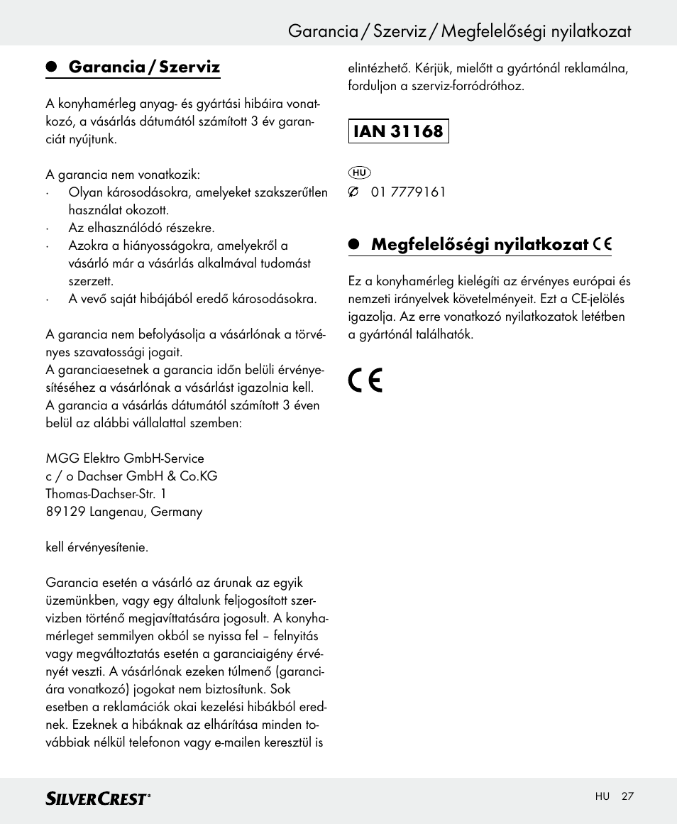 Garancia / szerviz / megfelelőségi nyilatkozat, Garancia / szerviz, Megfelelőségi nyilatkozat | Silvercrest SKWD A1 User Manual | Page 27 / 62