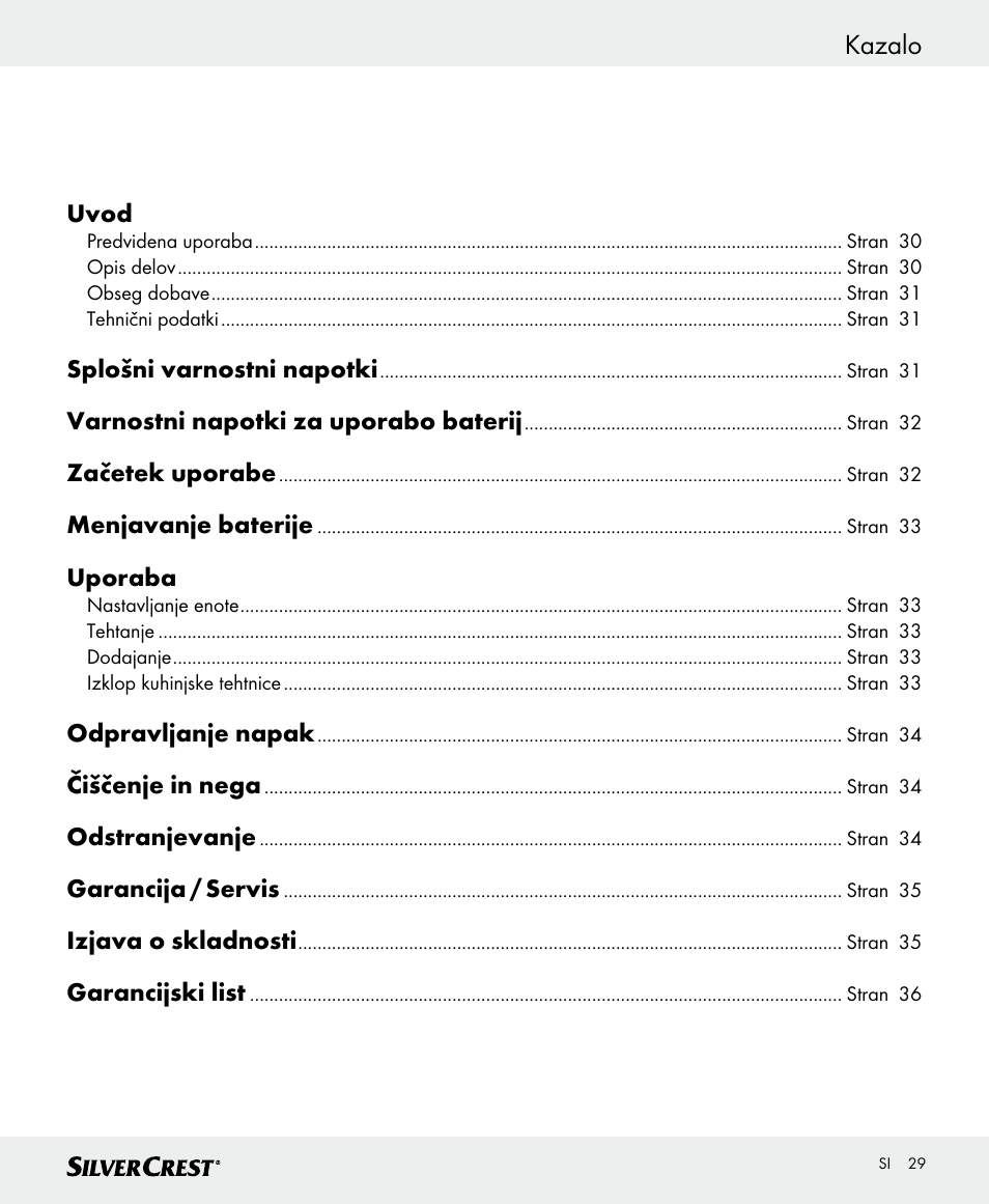 Kazalo | Silvercrest SKWD A1 User Manual | Page 29 / 62
