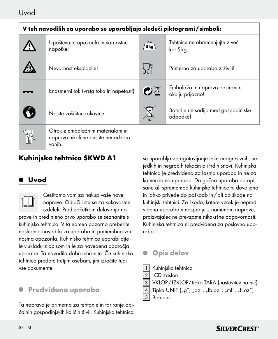 Uvod, Kuhinjska tehtnica skwd a1 uvod, Predvidena uporaba | Opis delov | Silvercrest SKWD A1 User Manual | Page 30 / 62