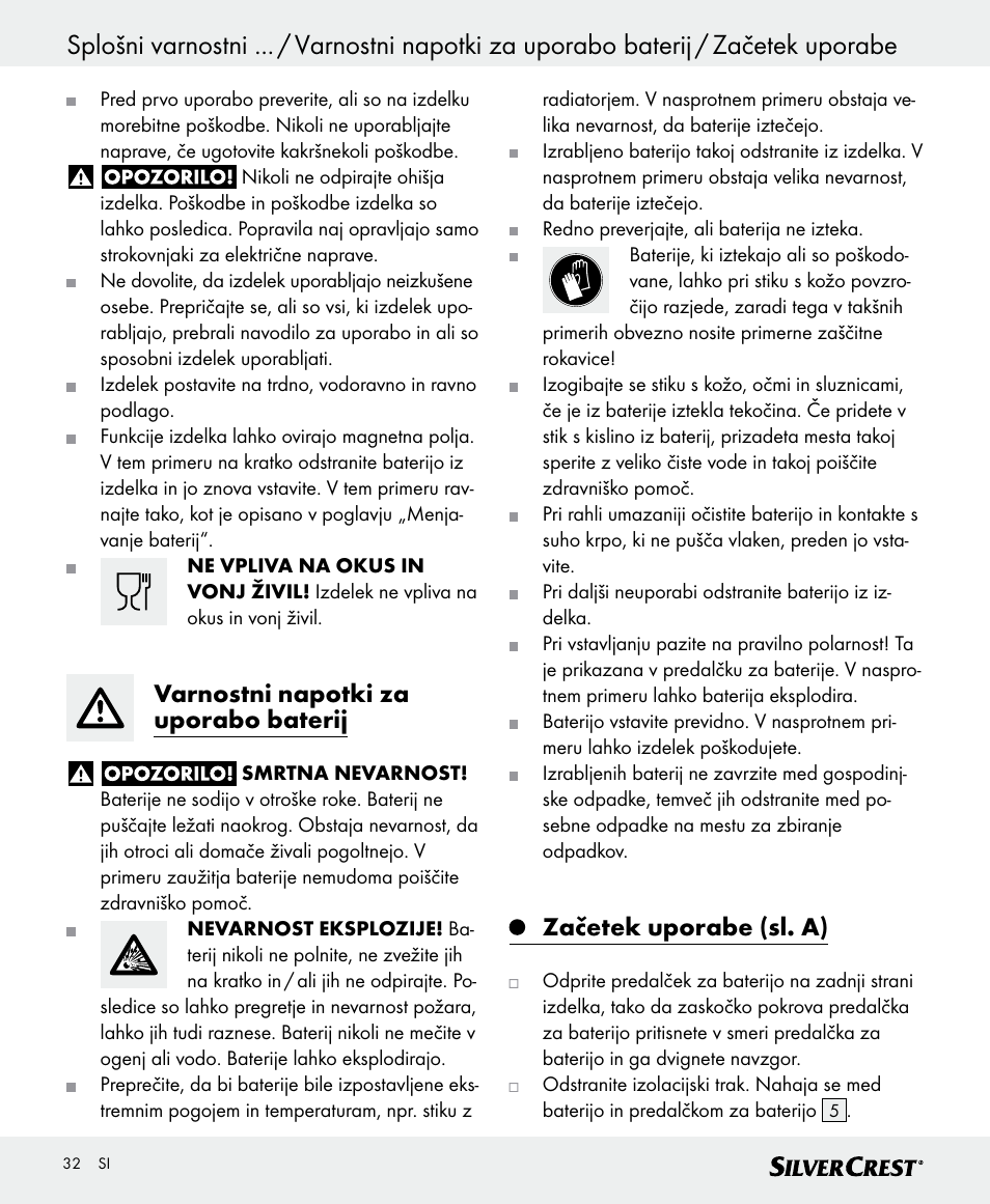 Varnostni napotki za uporabo baterij, Začetek uporabe (sl. a) | Silvercrest SKWD A1 User Manual | Page 32 / 62