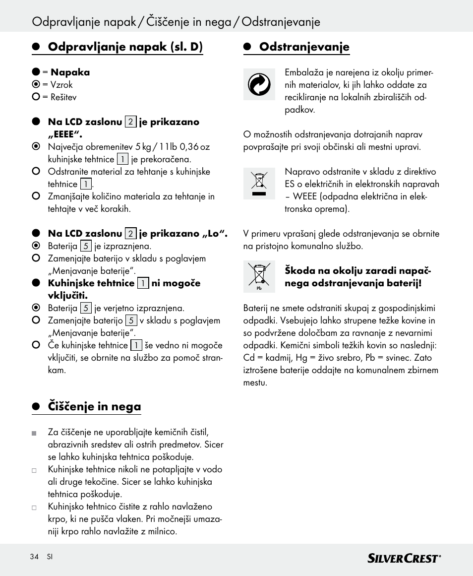 Odpravljanje napak (sl. d), Čiščenje in nega, Odstranjevanje | Silvercrest SKWD A1 User Manual | Page 34 / 62