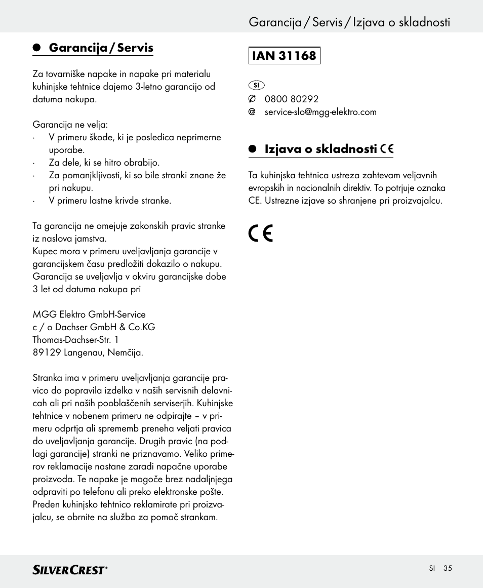 Garancija / servis / izjava o skladnosti, Garancija / servis, Izjava o skladnosti | Silvercrest SKWD A1 User Manual | Page 35 / 62
