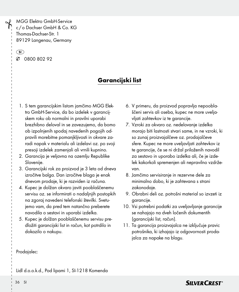 Garancijski list | Silvercrest SKWD A1 User Manual | Page 36 / 62