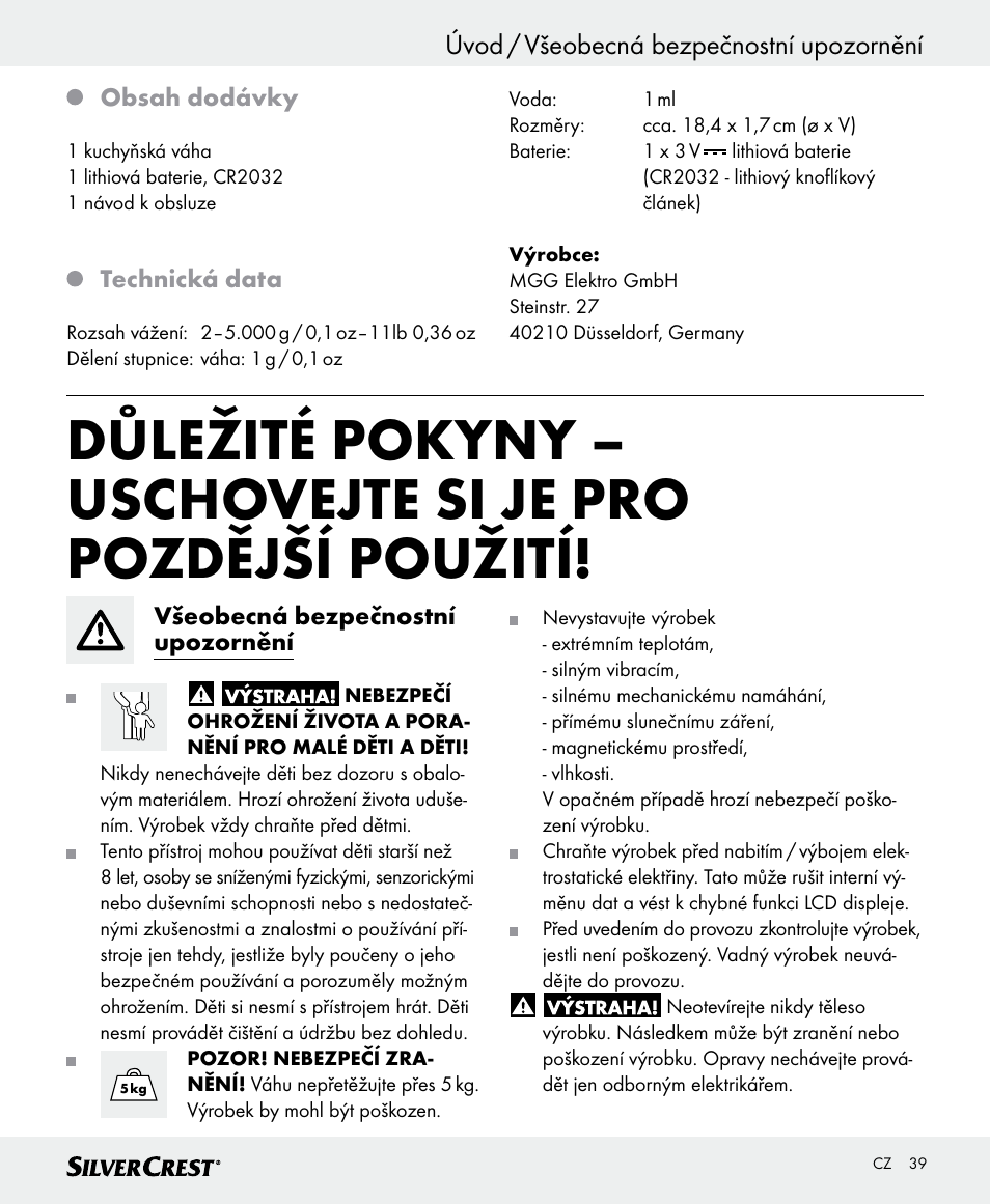 Úvod / všeobecná bezpečnostní upozornění | Silvercrest SKWD A1 User Manual | Page 39 / 62