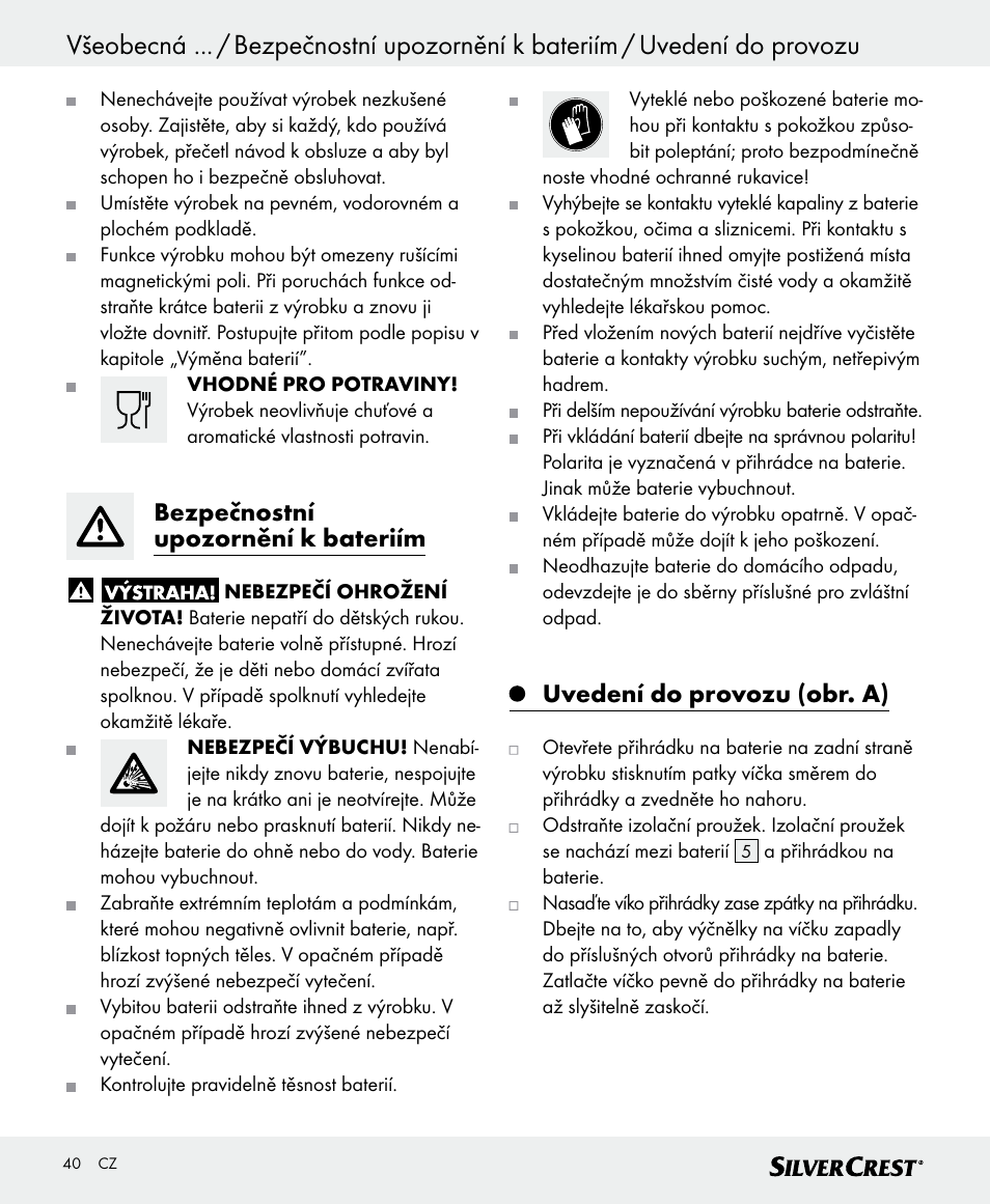 Bezpečnostní upozornění k bateriím, Uvedení do provozu (obr. a) | Silvercrest SKWD A1 User Manual | Page 40 / 62