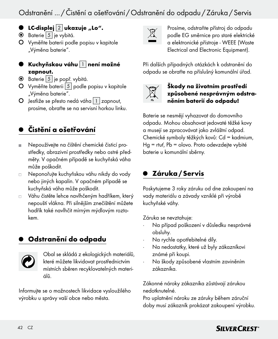 Čistění a ošetřování, Odstranění do odpadu, Záruka / servis | Silvercrest SKWD A1 User Manual | Page 42 / 62