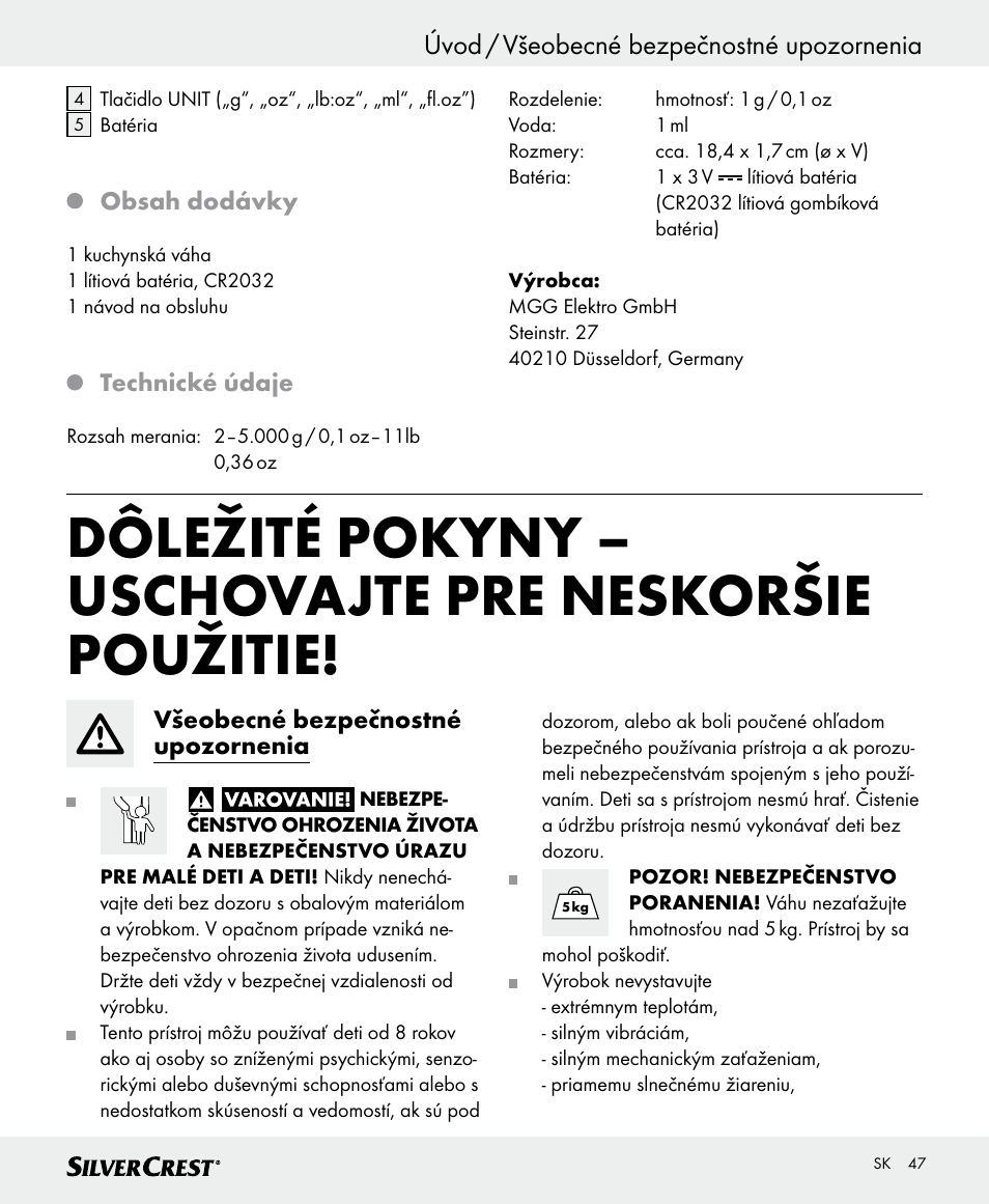 Úvod / všeobecné bezpečnostné upozornenia | Silvercrest SKWD A1 User Manual | Page 47 / 62