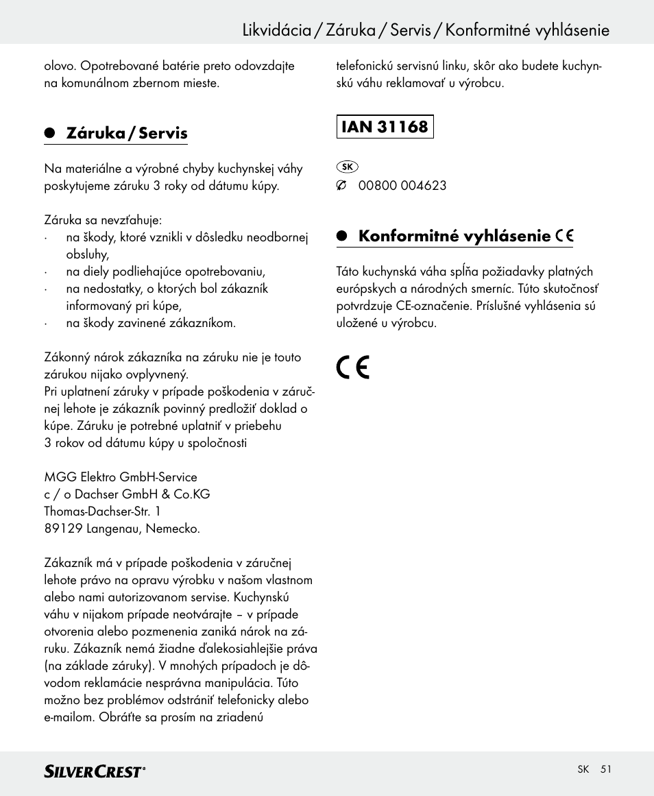 Záruka / servis, Konformitné vyhlásenie | Silvercrest SKWD A1 User Manual | Page 51 / 62