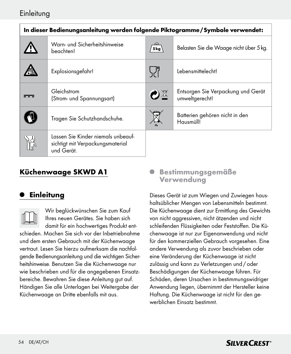 Einleitung, Küchenwaage skwd a1 einleitung, Bestimmungsgemäße verwendung | Silvercrest SKWD A1 User Manual | Page 54 / 62