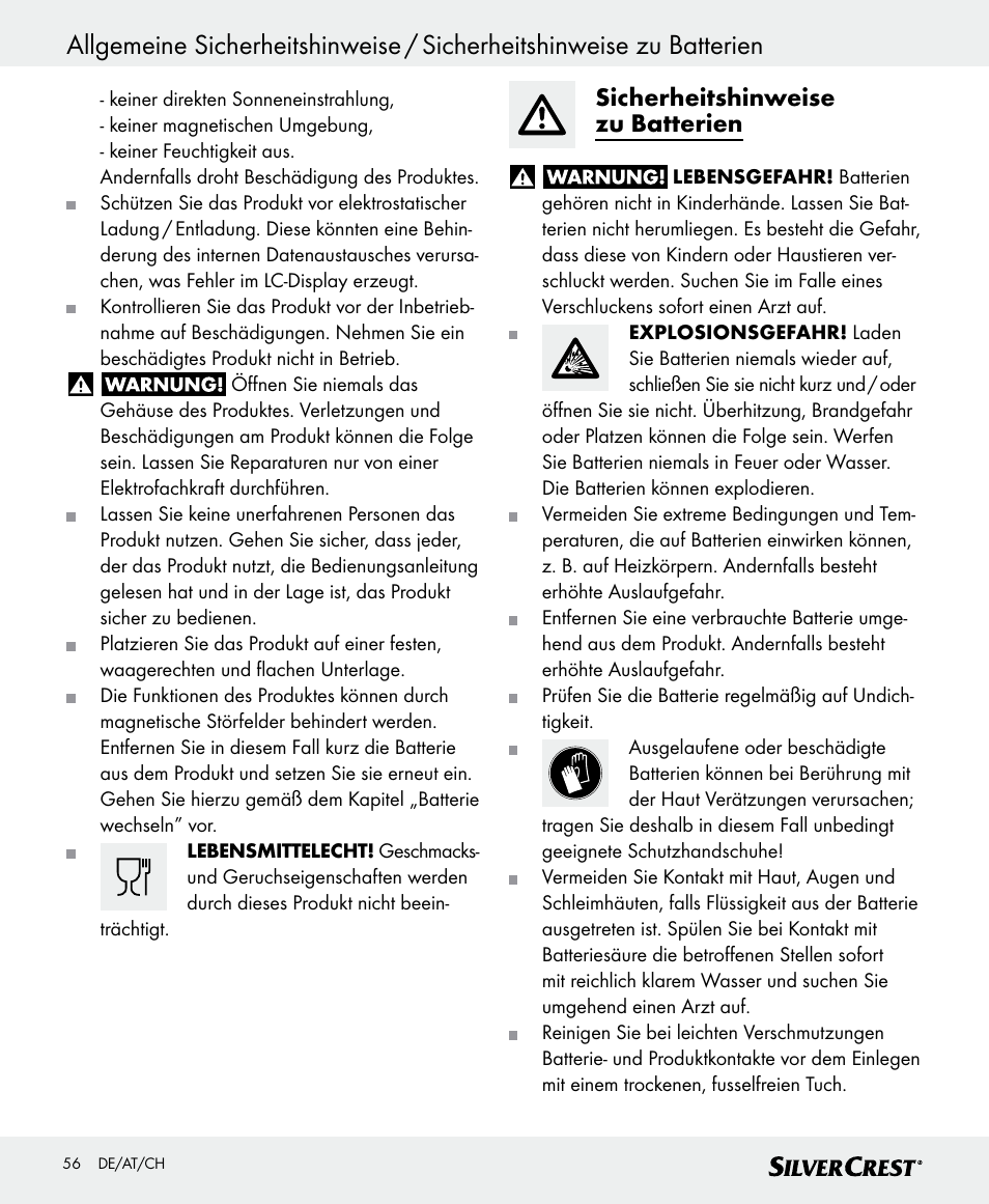 Sicherheitshinweise zu batterien | Silvercrest SKWD A1 User Manual | Page 56 / 62