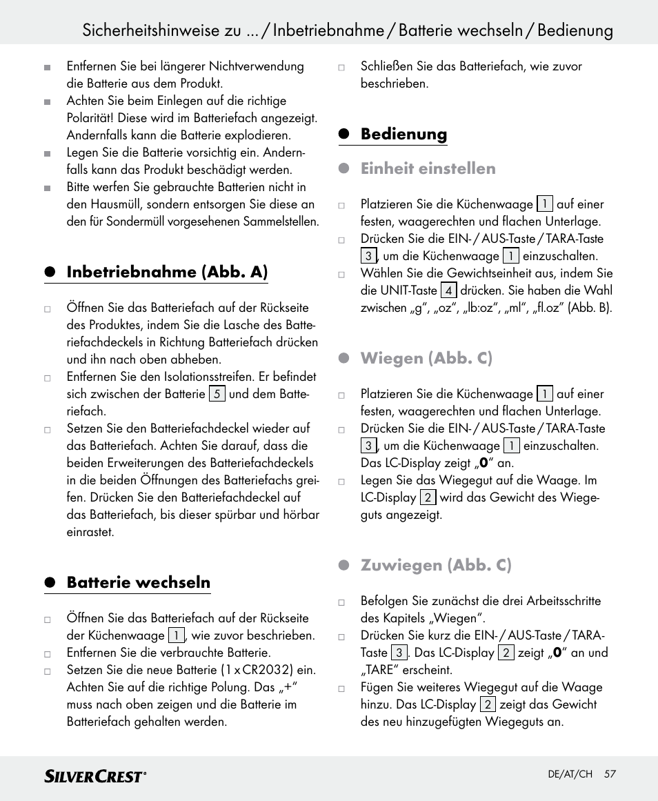 Inbetriebnahme (abb. a), Batterie wechseln, Bedienung einheit einstellen | Wiegen (abb. c), Zuwiegen (abb. c) | Silvercrest SKWD A1 User Manual | Page 57 / 62