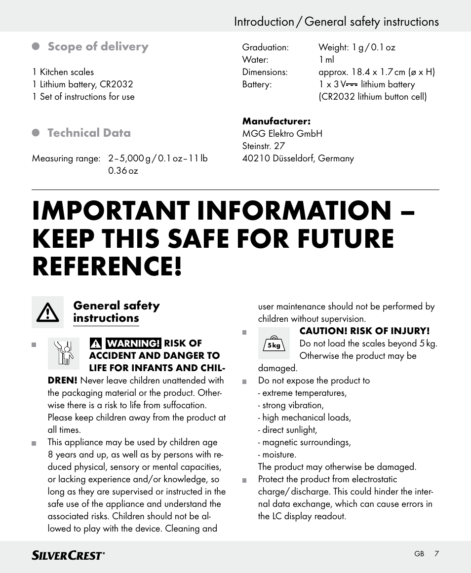 Introduction / general safety instructions | Silvercrest SKWD A1 User Manual | Page 7 / 62