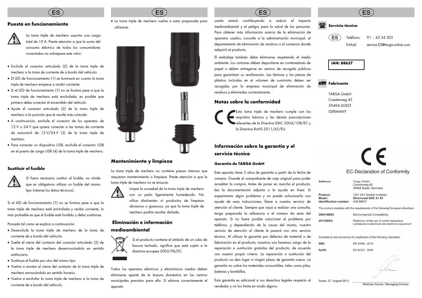 Puesta en funcionamiento, Mantenimiento y limpieza, Eliminación e información medioambiental | Notas sobre la conformidad | Silvercrest SVK 31 A1 User Manual | Page 2 / 8