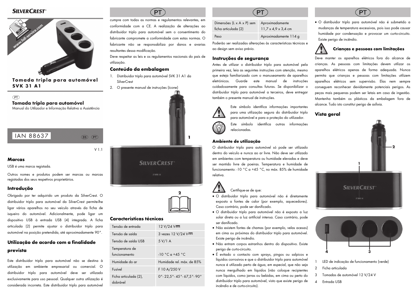 Marcas, Introdução, Utilização de acordo com a finalidade prevista | Conteúdo da embalagem, Características técnicas, Instruções de segurança, Vista geral | Silvercrest SVK 31 A1 User Manual | Page 3 / 8