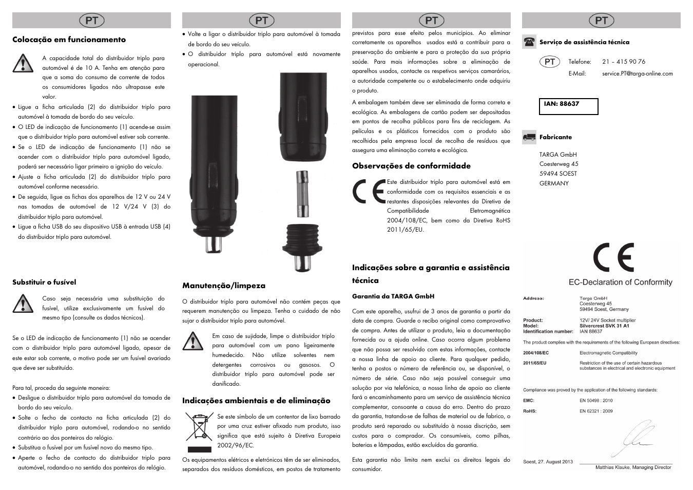 Colocação em funcionamento, Manutenção/limpeza, Indicações ambientais e de eliminação | Observações de conformidade, Indicações sobre a garantia e assistência técnica | Silvercrest SVK 31 A1 User Manual | Page 4 / 8